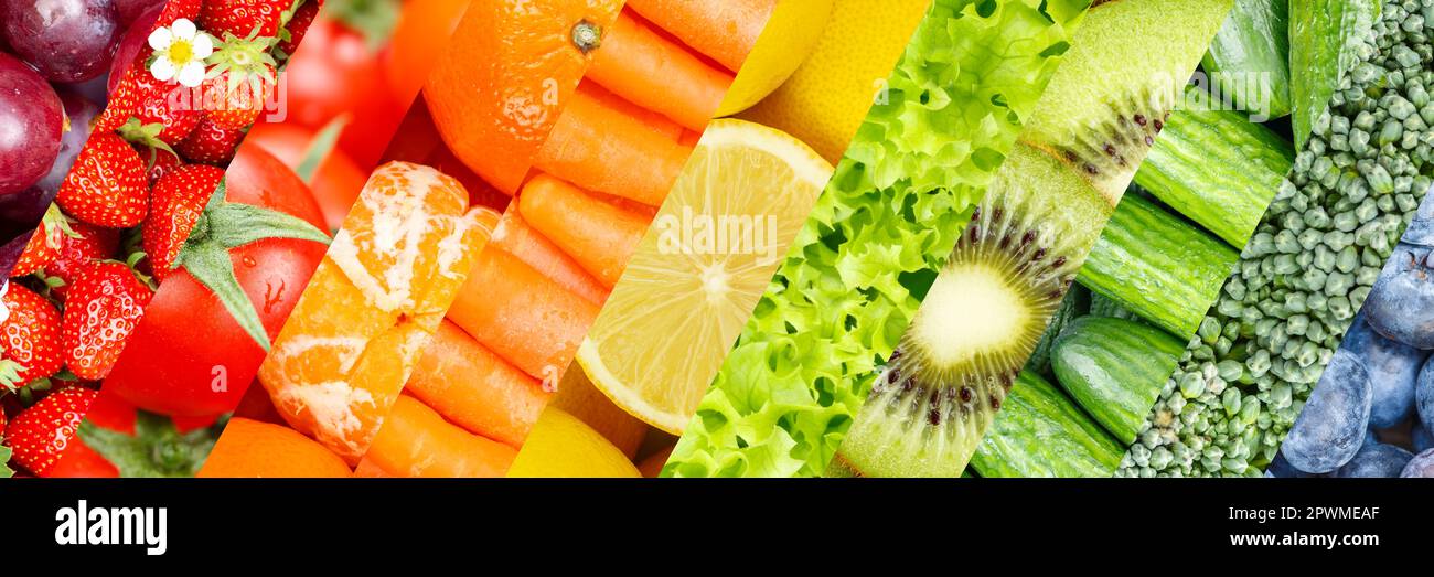 Obst- und Gemüsesammlung mit frischem Obst-Panorama mit Beeren-Hintergründen Stockfoto