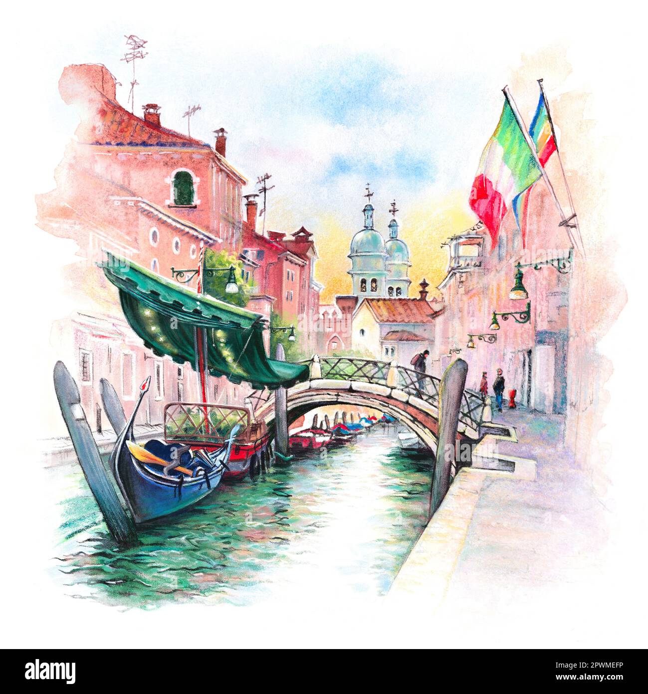Aquarellskizze des San Barnaba-Kanals, helle Häuser und Gondeln an ihren Anlegestellen, Venedig, Italien. Stockfoto