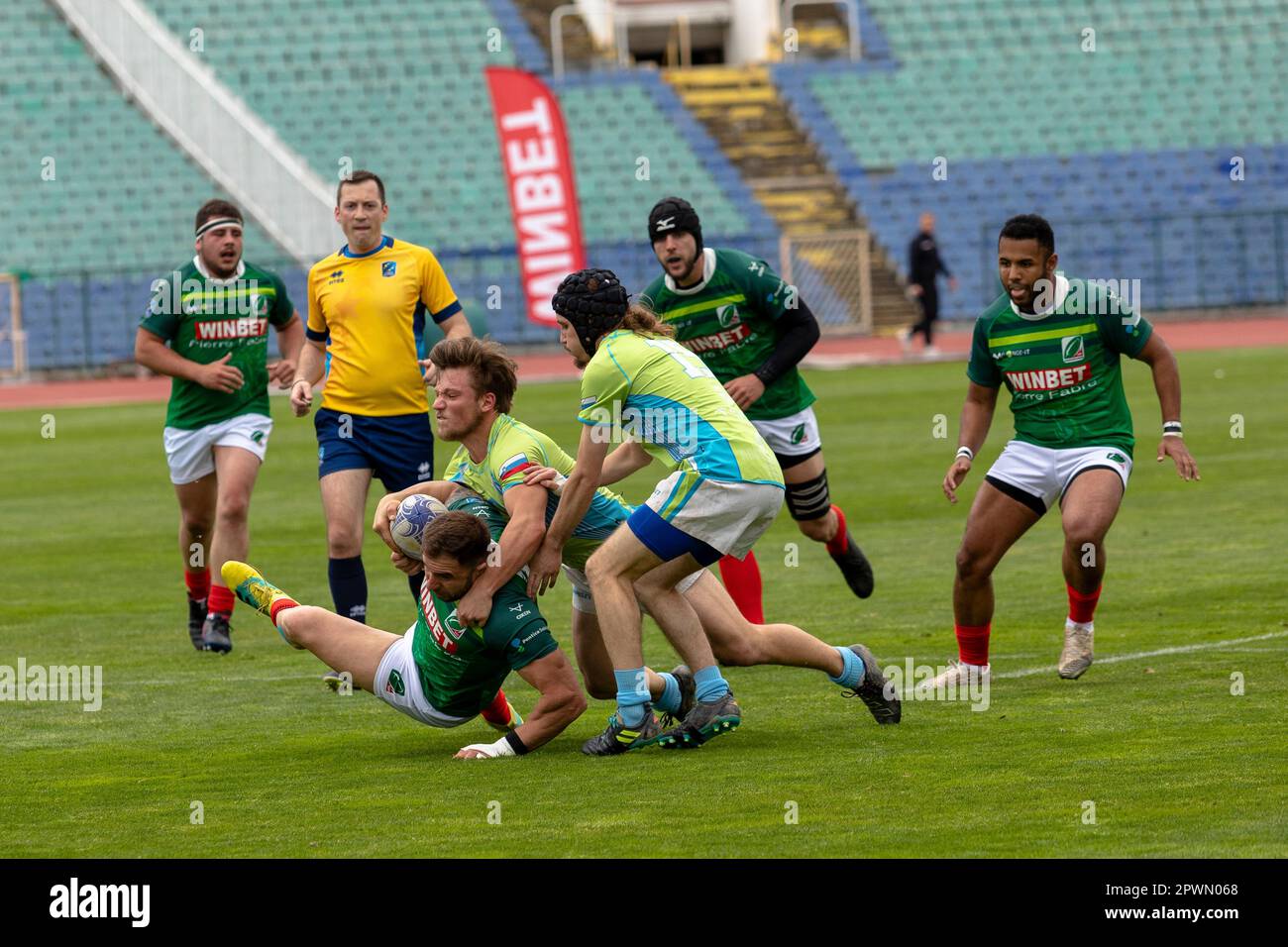 Sofia, Bulgarien 29. April 2023: Das bulgarische Rugby-Team gewann die Europakonferenz "1 Süd" nach 39:19 gegen Slowenien in der Vasil Levski Nation Stockfoto