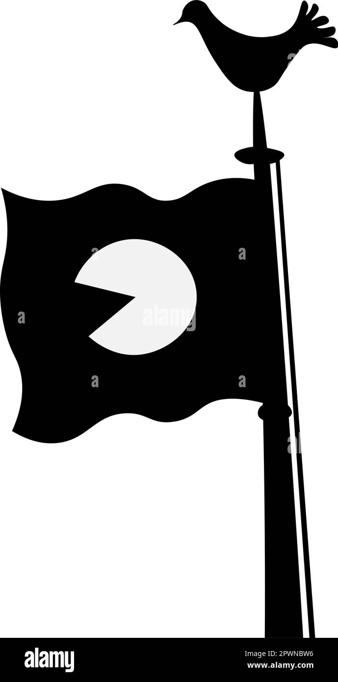 Minimalistische Vektordarstellung einer Fahnenstange mit einer Wetterfahne in Form einer Taube und einer Fahne mit einem weißen Kreis in der Mitte, entworfen in c Stock Vektor