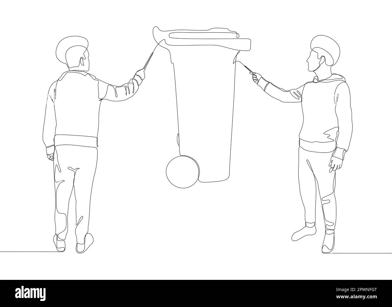 Eine durchgehende Linie von Mann, der mit dem Finger auf den Müllcontainer zeigt. Vektorkonzept zur Darstellung dünner Linien. Kontur Zeichnen kreativer Ideen. Stock Vektor