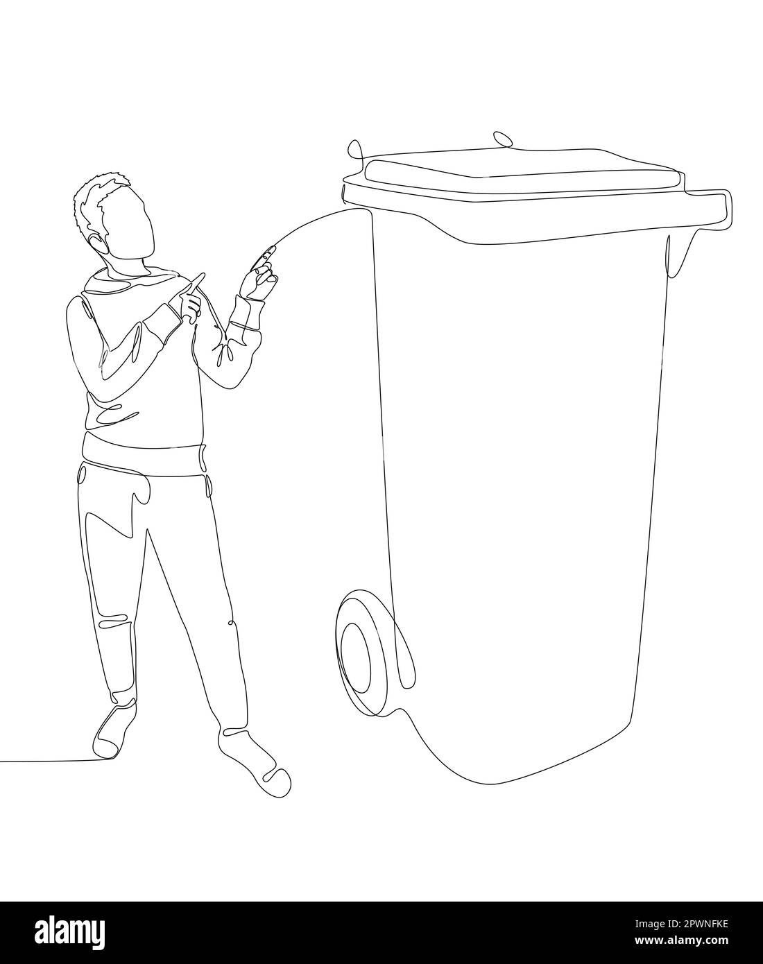 Eine durchgehende Linie von Mann, der mit dem Finger auf den Müllcontainer zeigt. Vektorkonzept zur Darstellung dünner Linien. Kontur Zeichnen kreativer Ideen. Stock Vektor