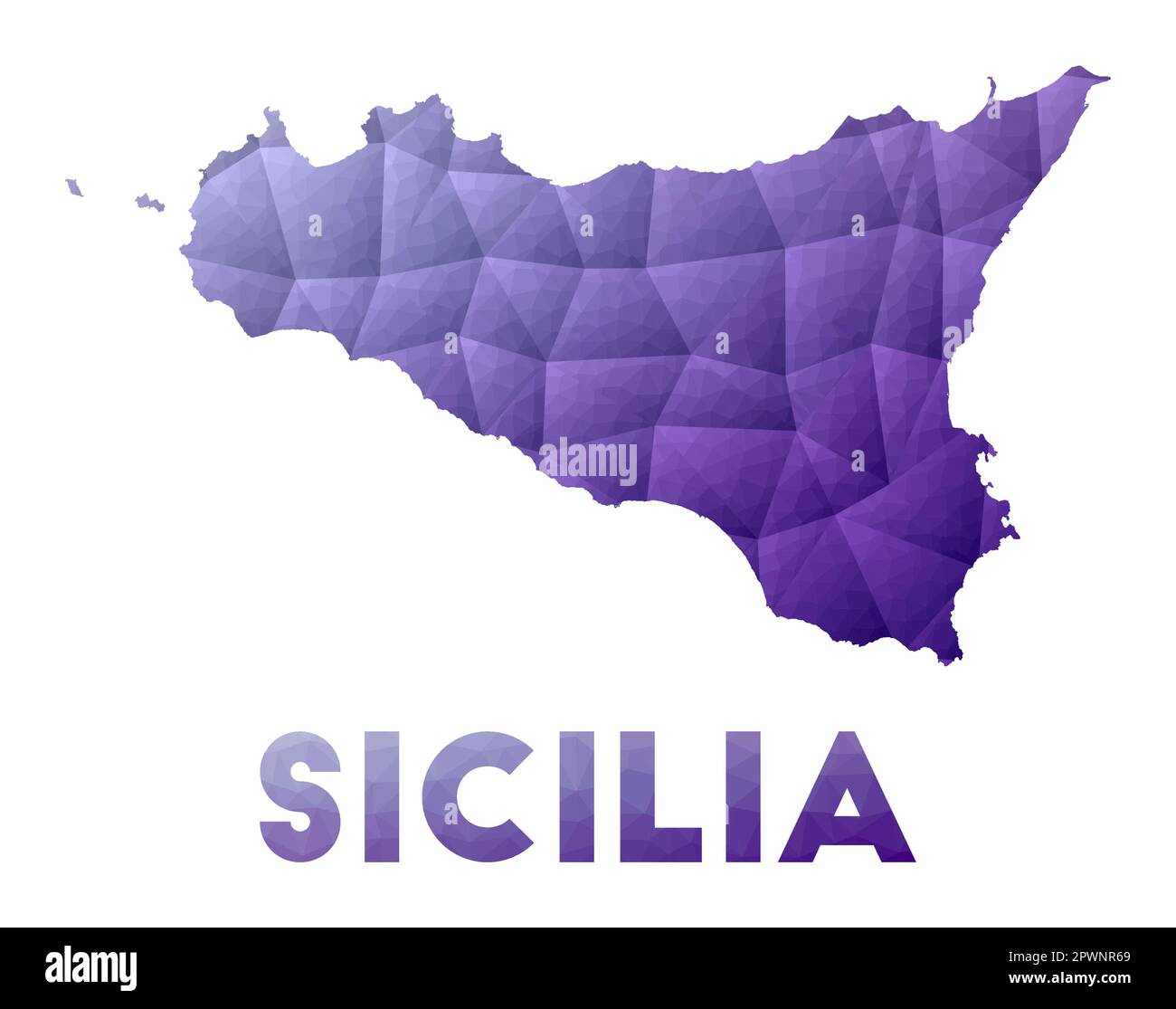 Karte von Sizilien. Niedrige Poly-Illustration der Insel. Violettes geometrisches Design. Polygonale Vektordarstellung. Stock Vektor