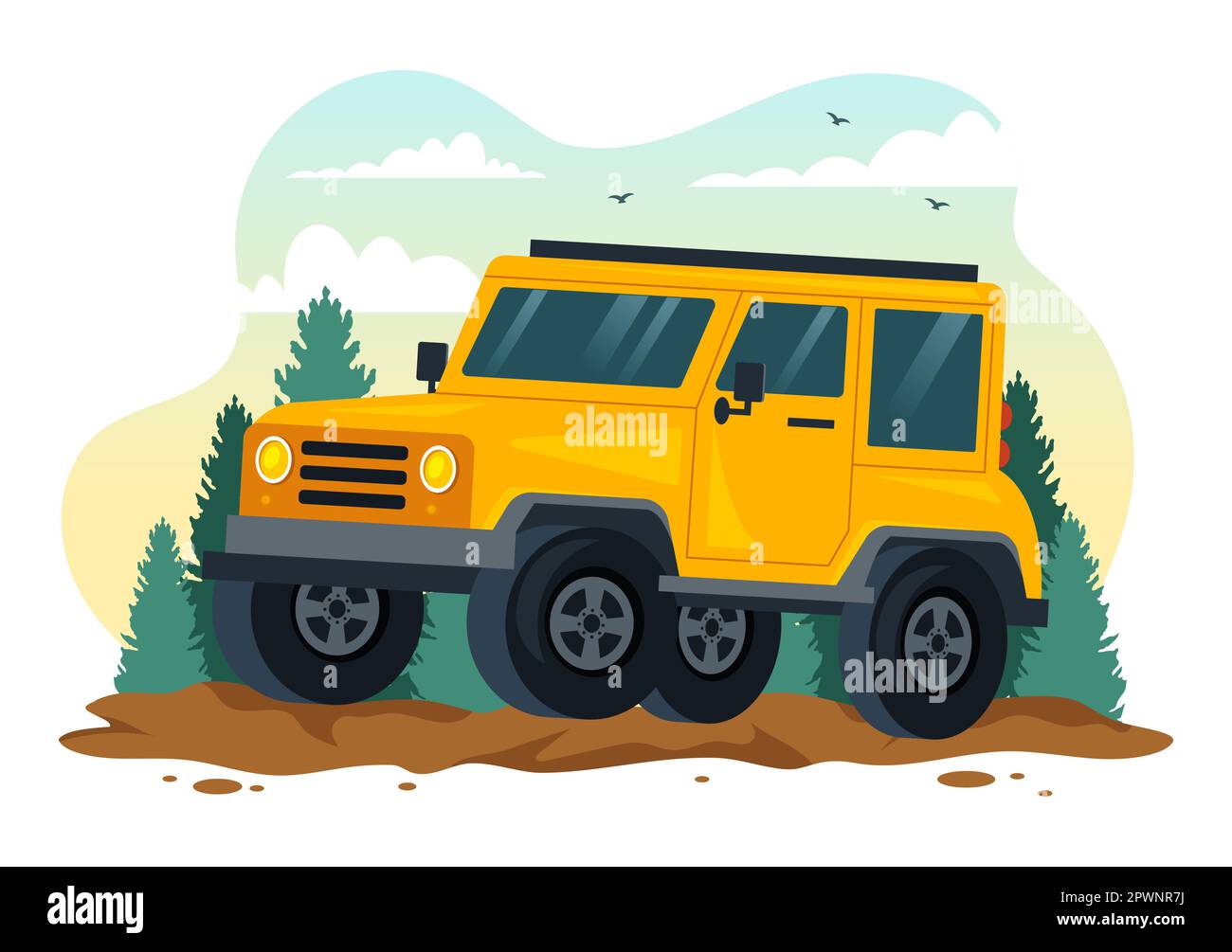 Off-Road-Illustration mit einem Jeep oder SUV, um in flachen, von Hand gezeichneten Cartoon-Vorlagen durch felsiges Gelände, Flüsse und Sand zu fahren Stockfoto