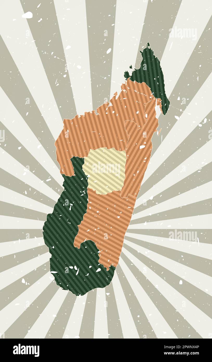 Madagaskar Oldtimer-Karte. Grunge-Poster mit Landkarte in Retro-Farbpalette. Form Madagaskars mit Sonnenstrahlen Hintergrund. Stock Vektor