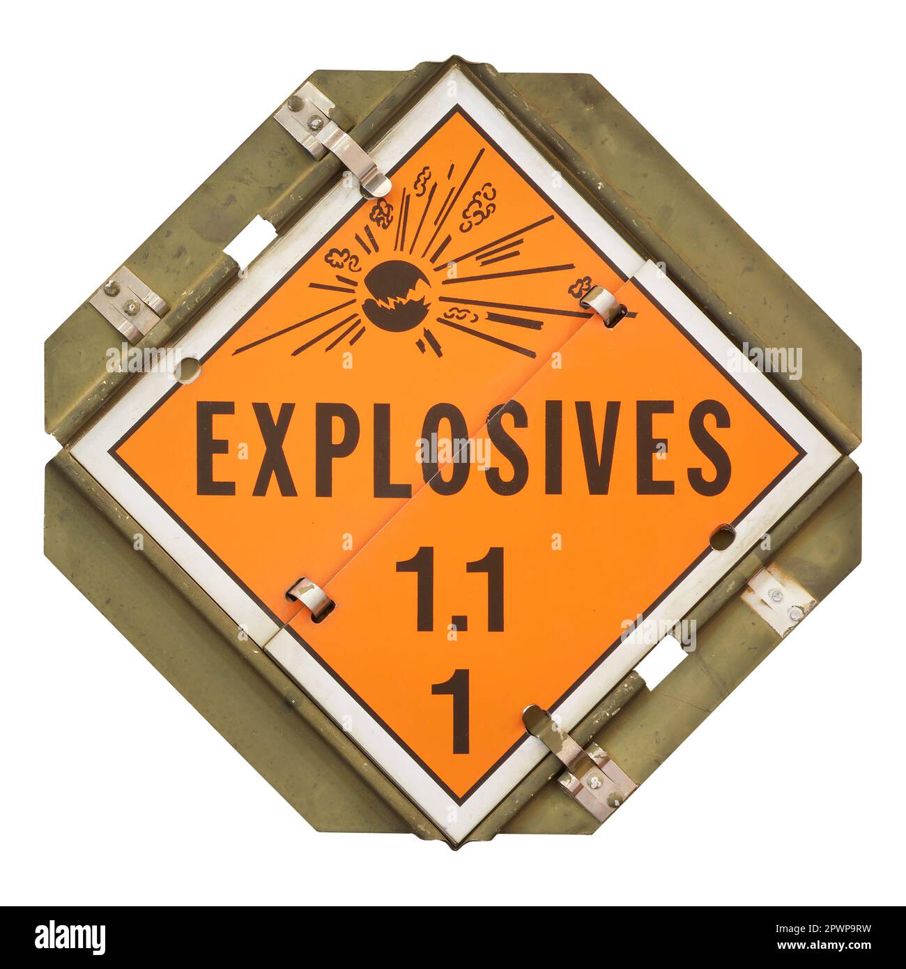Sprengstoffschild aus Metall mit orangefarbenem Warnschild isoliert auf weißem Hintergrund Stockfoto