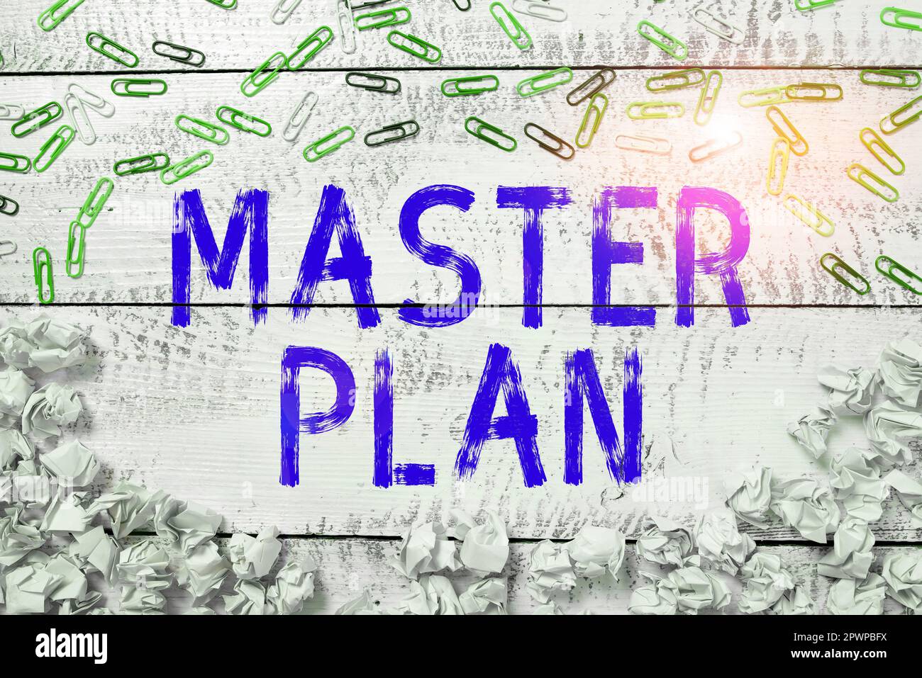 Inspiration mit Zeichen Masterplan, Word für dynamische langfristige Planung Dokument umfassender Maßnahmenplan Stockfoto