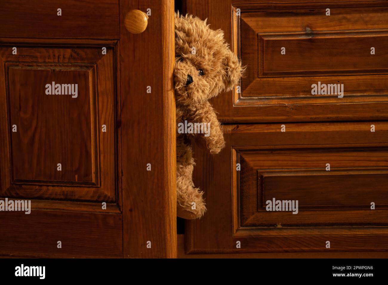 Ein brauner Teddybär guckt als Hintergrund aus der Tür einer Holzgarderobe im Schlafzimmer Stockfoto
