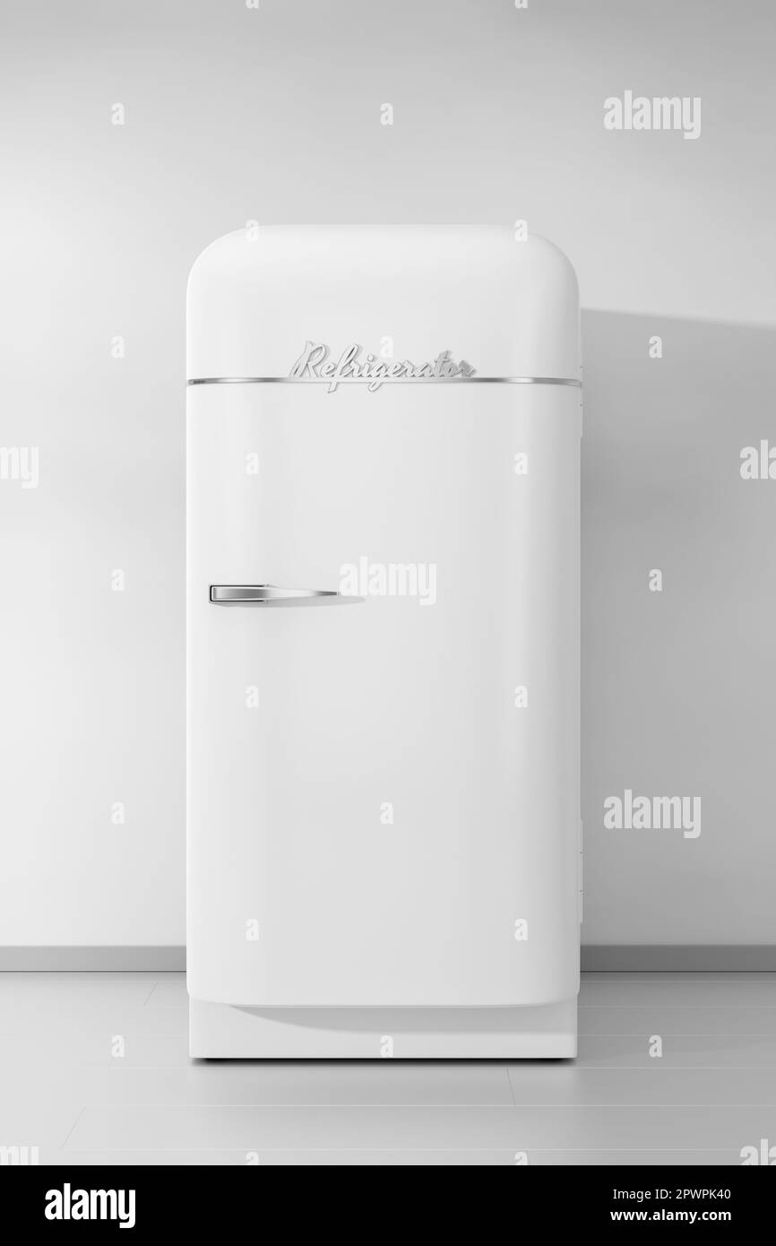 Kühlschrank in grauer minimalistischer Küche nur Innenausstattung mit Bodenwand und Sonnenlicht vom Fenster. 3D-Rendering. Stockfoto