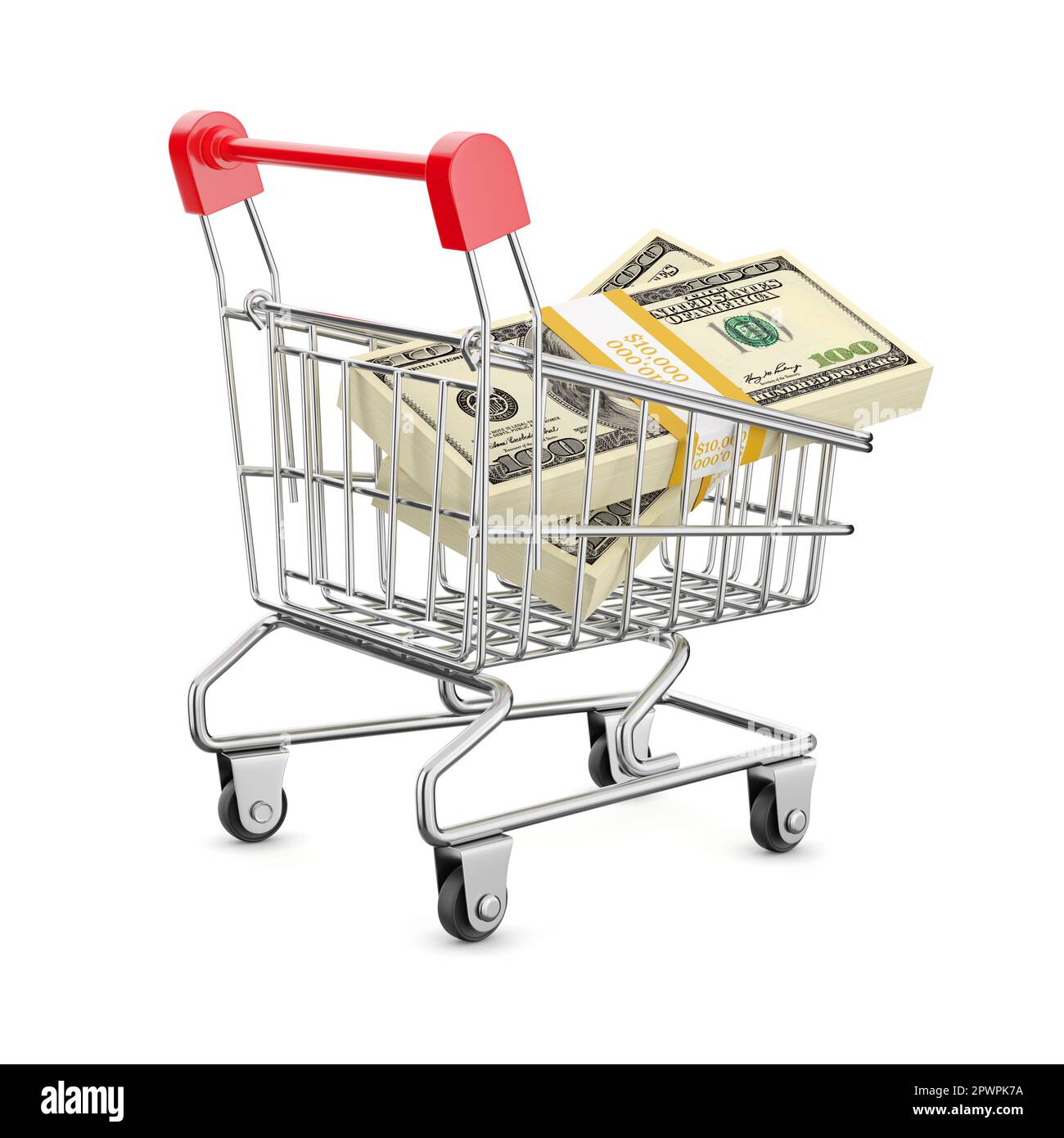 Bündel von Hundert-Dollar-Scheinen in einem Einkaufswagen isoliert auf weißem Hintergrund. 3D-Rendering-Abbildung. Stockfoto