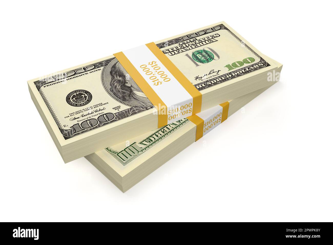Zwei Bündel US-100-Dollar-Banknoten, isoliert auf weißem Hintergrund. 3D-Rendering-Abbildung. Stockfoto