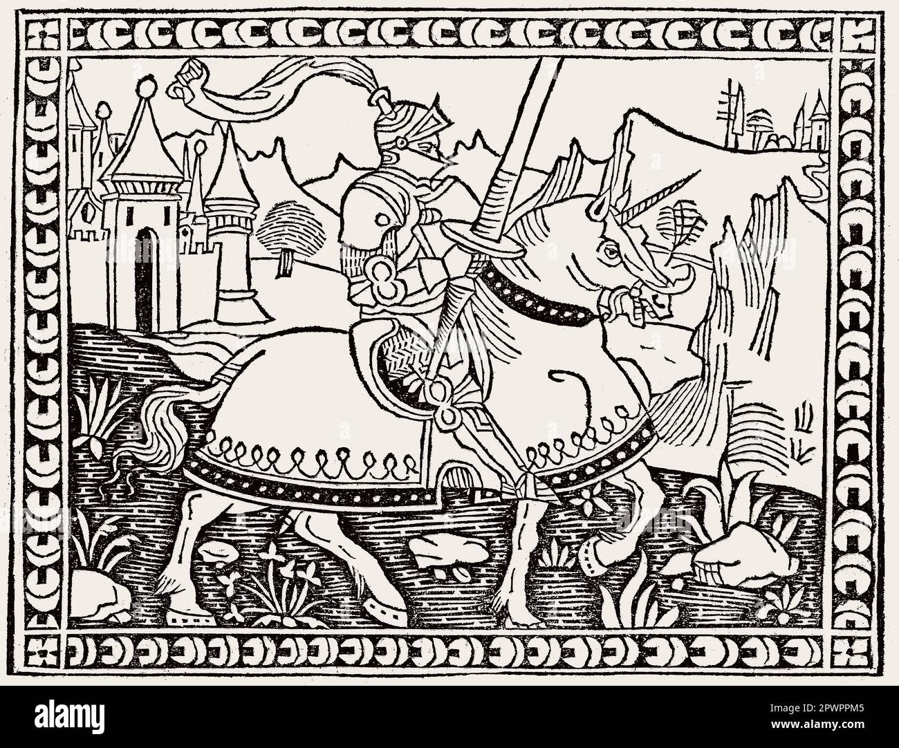 A Knight on Horseback, Illustration aus „La Giostra di Giuliano de Medici“ von Angelo Poliziano, Ca. 1495-1500 Stockfoto