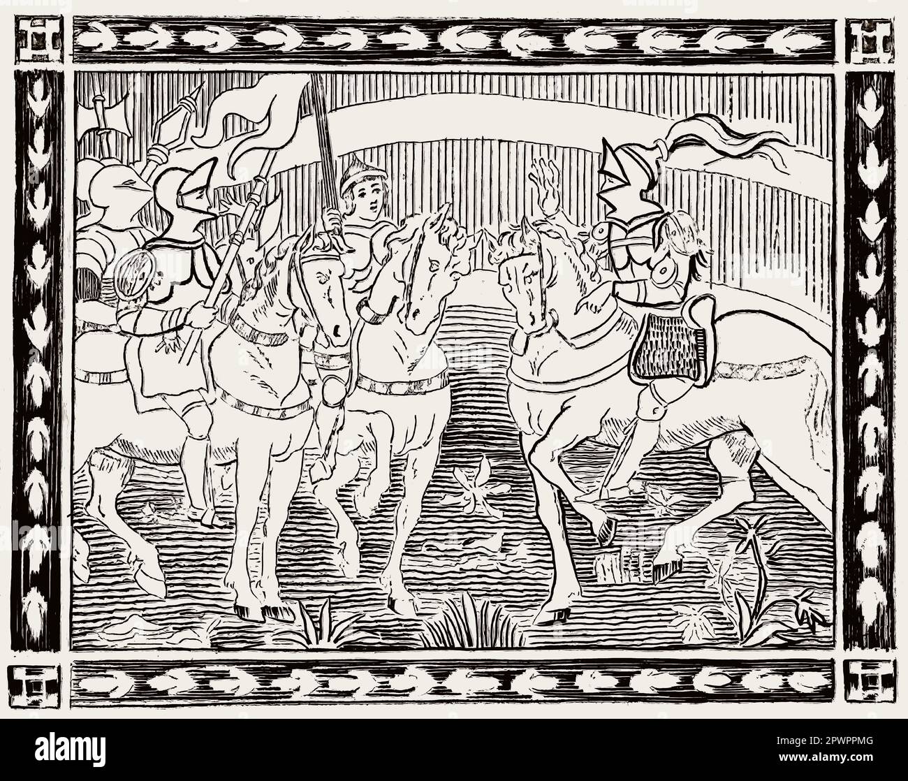 A Knight on Horseback, Illustration aus „La Giostra di Giuliano de Medici“ von Angelo Poliziano, Ca. 1495-1500 Stockfoto