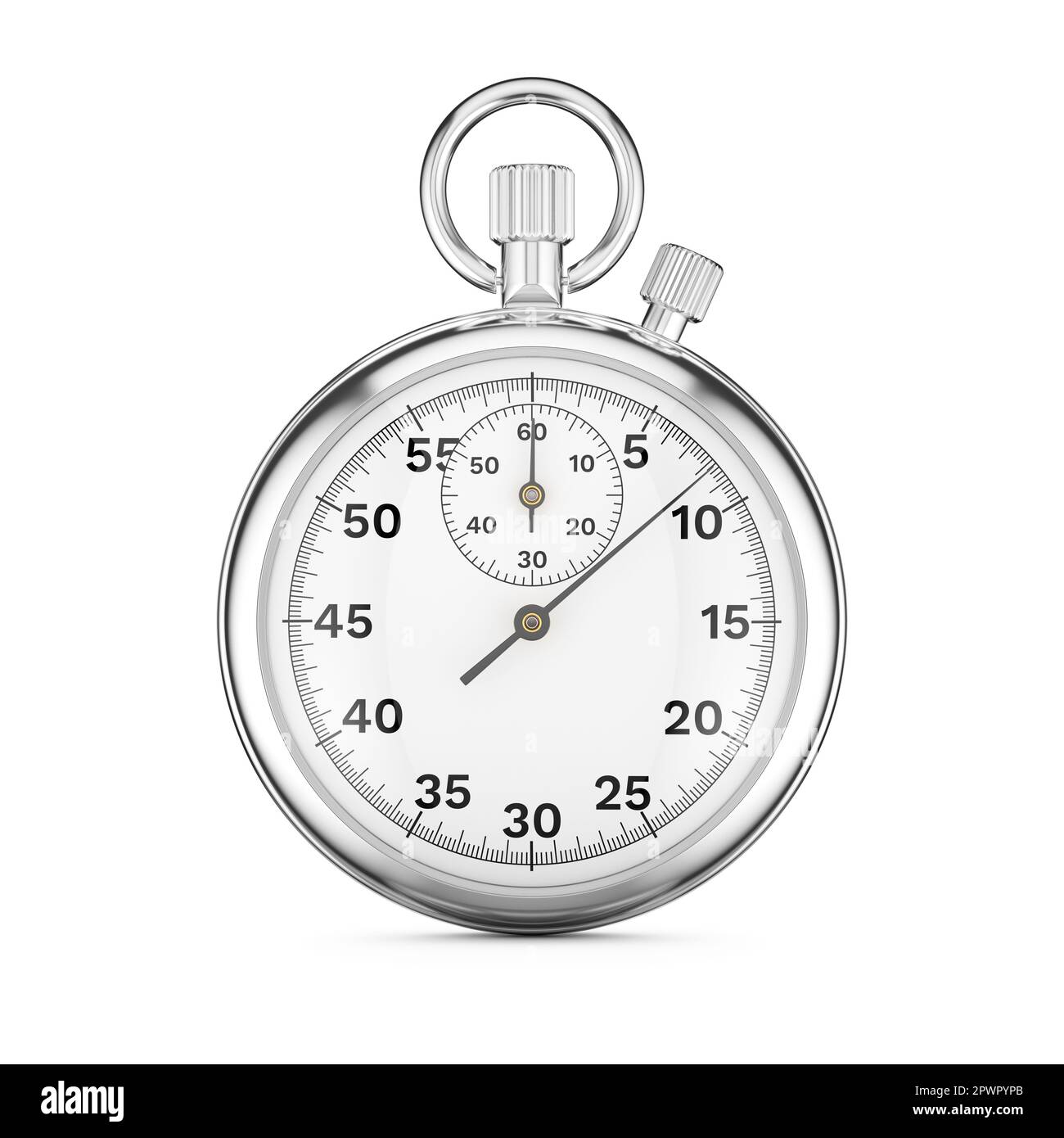 Mechanische analoge Stoppuhr in Metallic-Silber, isoliert auf weißem Hintergrund. 3D-Rendering-Abbildung. Stockfoto