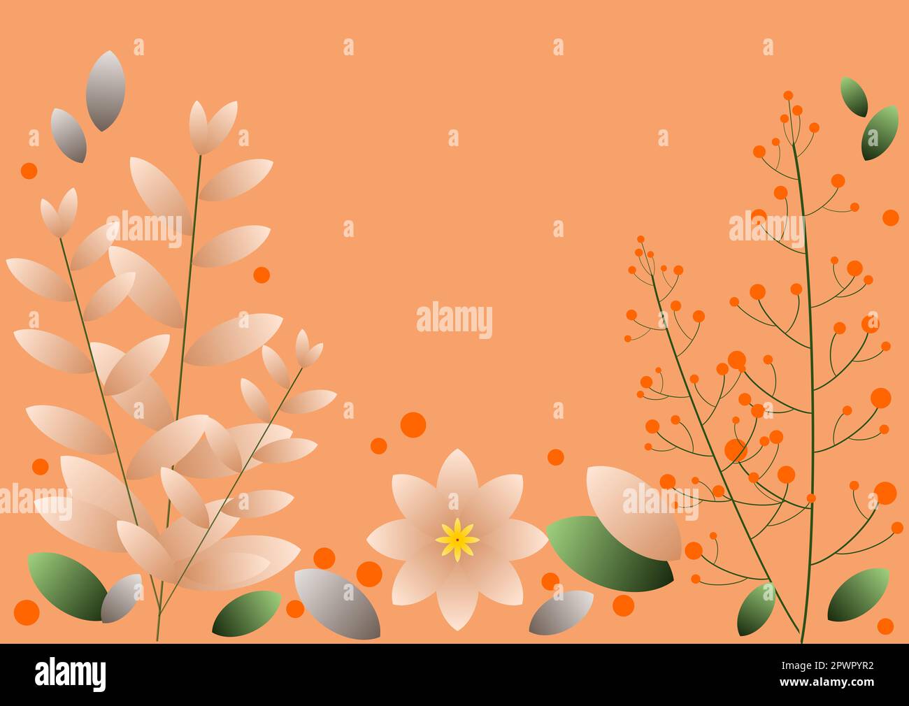 Kreatives Layout aus Herbstblättern und Blumen auf orangefarbenem Hintergrund. Naturkonzept. Darstellung des natürlichen Hintergrunds für Frühling oder Herbst. Stockfoto