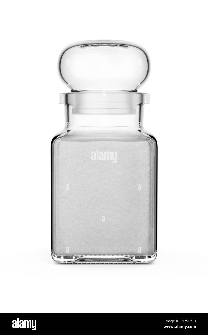 Transparenter Salzbehälter isoliert auf weißem Hintergrund. 3D-Rendering-Abbildung. Stockfoto