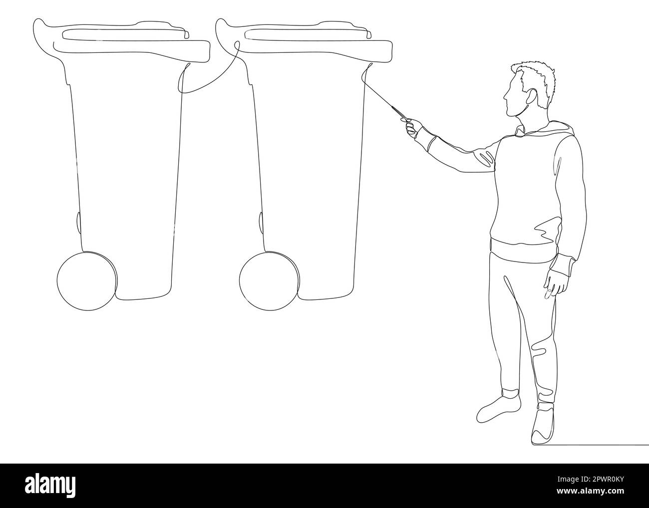 Eine durchgehende Linie von Mann, der mit dem Finger auf den Müllcontainer zeigt. Vektorkonzept zur Darstellung dünner Linien. Kontur Zeichnen kreativer Ideen. Stock Vektor