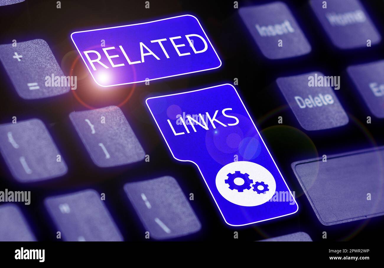 Inspiration mit Hinweisschildern Verwandte Links, Website für Geschäftsbeispiele innerhalb einer Webseite Querverweise Hotlinks Hyperlinks Stockfoto