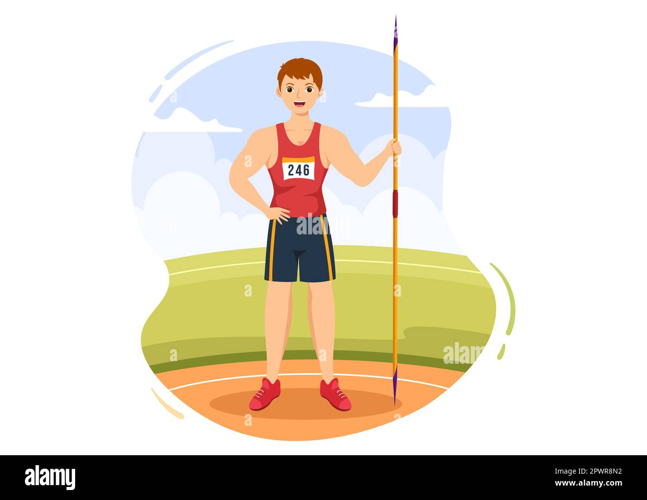 Speerwerfer, der die Illustration eines Athleten mit einem Werkzeug in Form einer langen Lanze wirft, um eine flache, handgezeichnete Schablone für Sportaktivitäten einzubringen Stockfoto