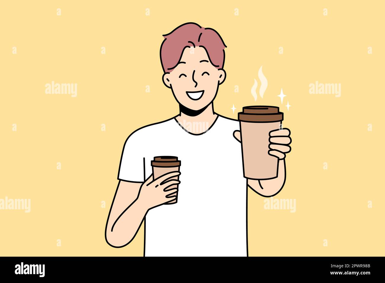 Ein lächelnder junger Mann mit Kaffeetassen im Becher bietet einem Freund ein Getränk an. Der glückliche Kerl streckt sich die Hand mit einem warmen Getränk zum Mitnehmen in die Kamera. Vektordarstellung. Stockfoto