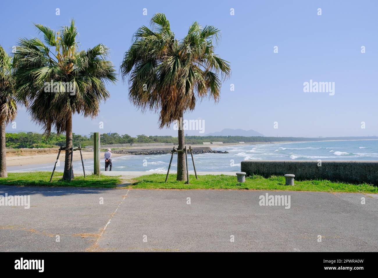Mann mit Blick auf das Meer am Strand, aufgenommen im Fukuma Seaside Park, Fukuoka, Japan. Stockfoto