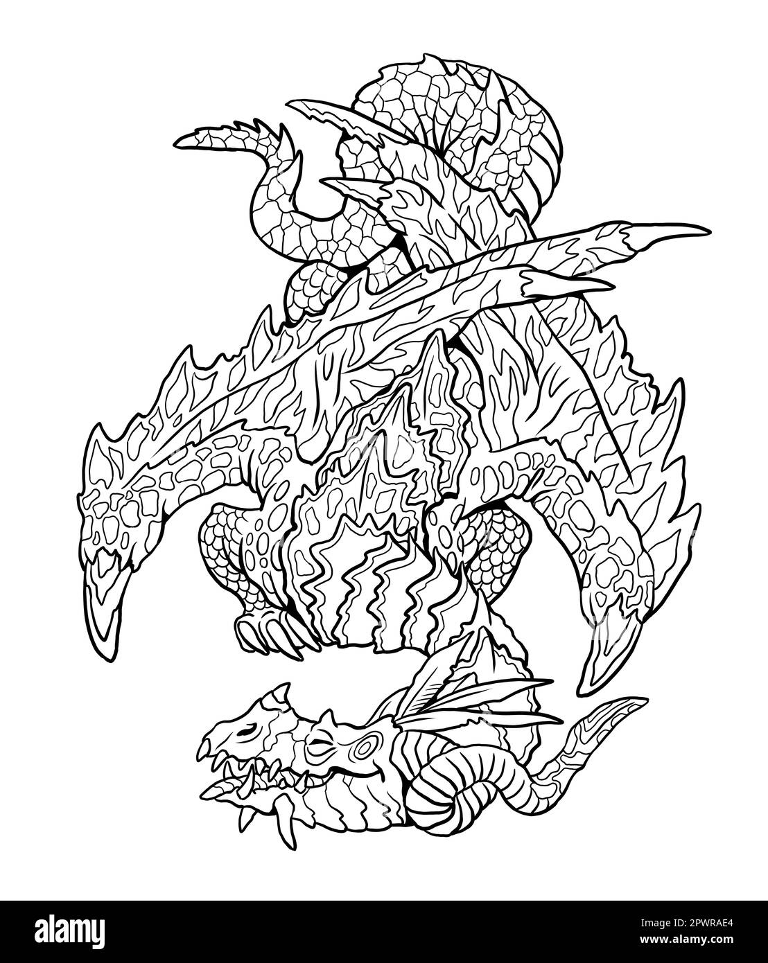 Drachenfarben-Seite. Fantasy-Illustration mit mythischer Kreatur. Dragon Malblatt. Stockfoto