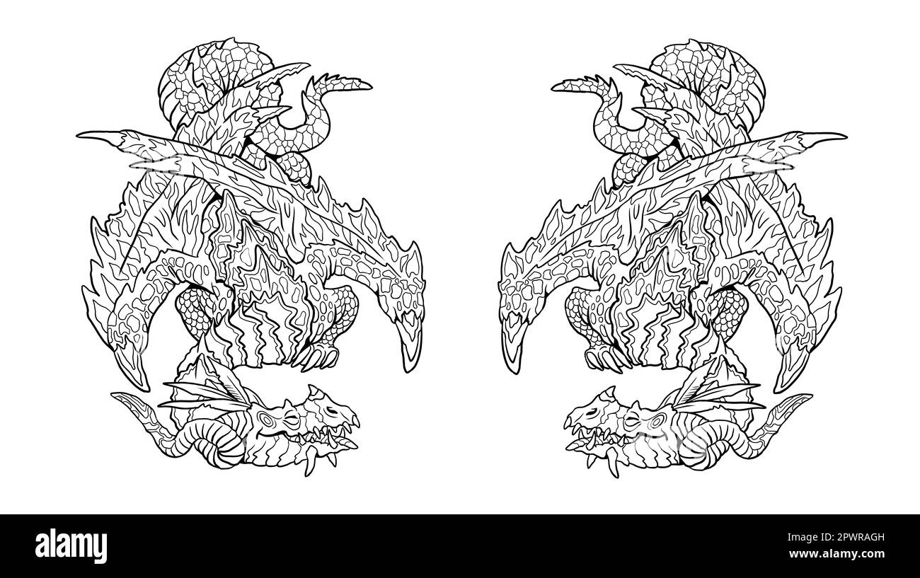 Drachenfarben-Seite. Fantasy-Illustration mit mythischer Kreatur. Dragon Malblatt. Stockfoto