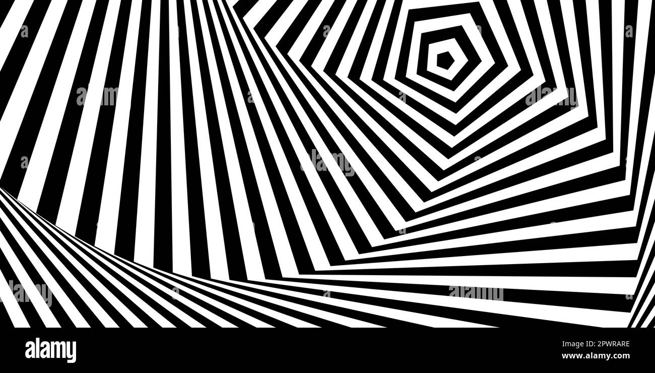 Optischer Täuschungshintergrund. Abstrakte geometrische Spiralfläche in Schwarz und Weiß. Posterdesign. Torsions-Illusions-Tapete. Vektordarstellung Stock Vektor