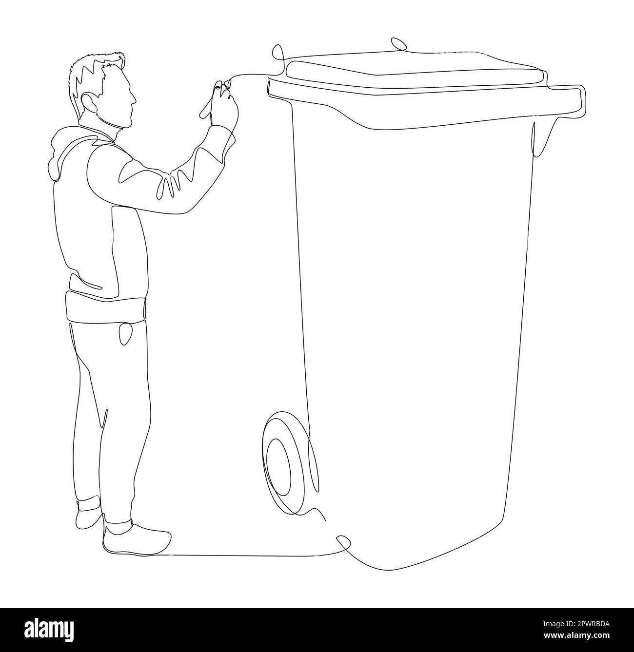 Eine durchgehende Linie von Mann, der mit dem Finger auf den Müllcontainer zeigt. Vektorkonzept zur Darstellung dünner Linien. Kontur Zeichnen kreativer Ideen. Stock Vektor