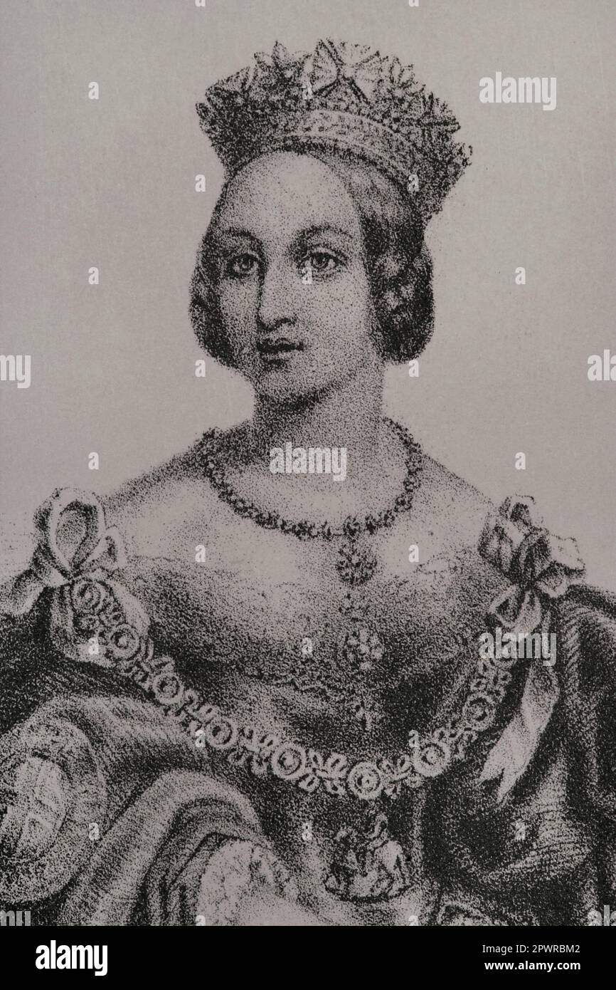 Queen Victoria (1819-1901). Königin des Vereinigten Königreichs Großbritannien und Irland (1837-1901). Kaiserin von Indien. Porträt. Lithographie von Martínez. Detail. "Reyes Contemporáneos". Band I. Veröffentlicht in Madrid, 1855. Autor: Martínez. Spanischer Lithograf aus dem 19. Jahrhundert. Stockfoto