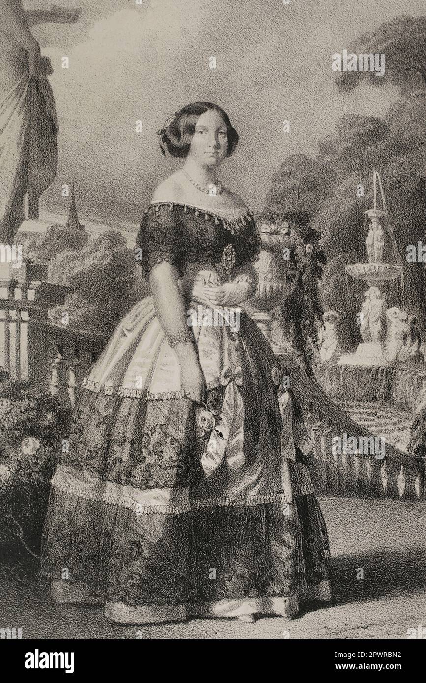 Isabella II aus Spanien (1830-1904). Königin von Spanien ab 1833 Uhr 1868. Porträt. Zeichnung von J. Vallejo. Lithographie von J. Donón. "Reyes Contemporáneos". Band I. Veröffentlicht in Madrid, 1855. Autor: José Vallejo (1821-1882). Spanischer Illustrator. Julio Donón. Spanischer Künstler von 1840 bis 1880. Stockfoto