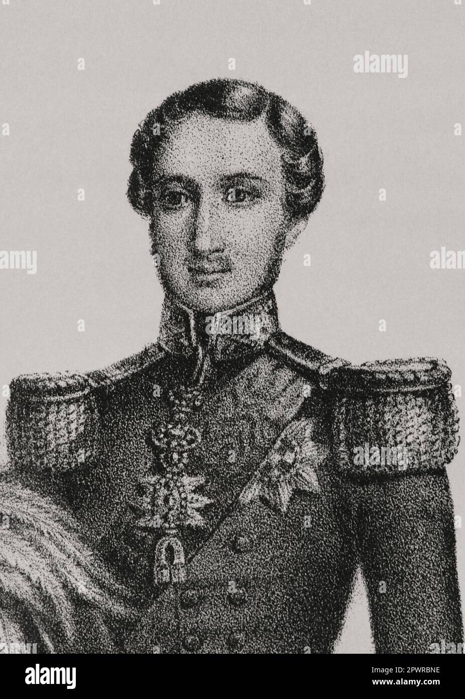 Albert, Ich Bin'S Prinz von Sachsen-Coburg-Gotha (1819-1861). Prinz Gemahlin von Königin Victoria von Großbritannien. Porträt. Lithographie. Detail. "Reyes Contemporáneos". Band I. Veröffentlicht in Madrid, 1855. Stockfoto