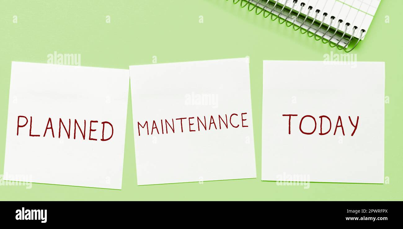 Text mit Inspiration geplante Wartung, regelmäßige Überprüfung des Geschäftskonzepts Stockfoto
