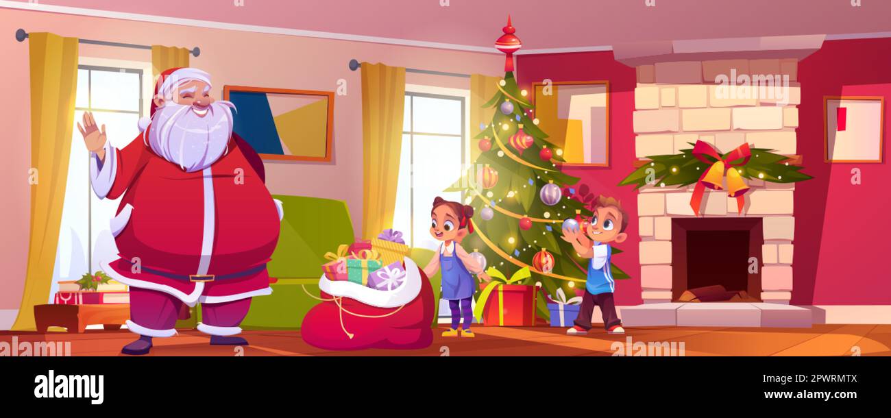 Weihnachten Wohnzimmereinrichtung mit Weihnachtsmann, Kindern und Kamin. Feiertagsfeier mit grünem Weihnachtsbaum und präsent im Haus Vektorfilm i Stock Vektor