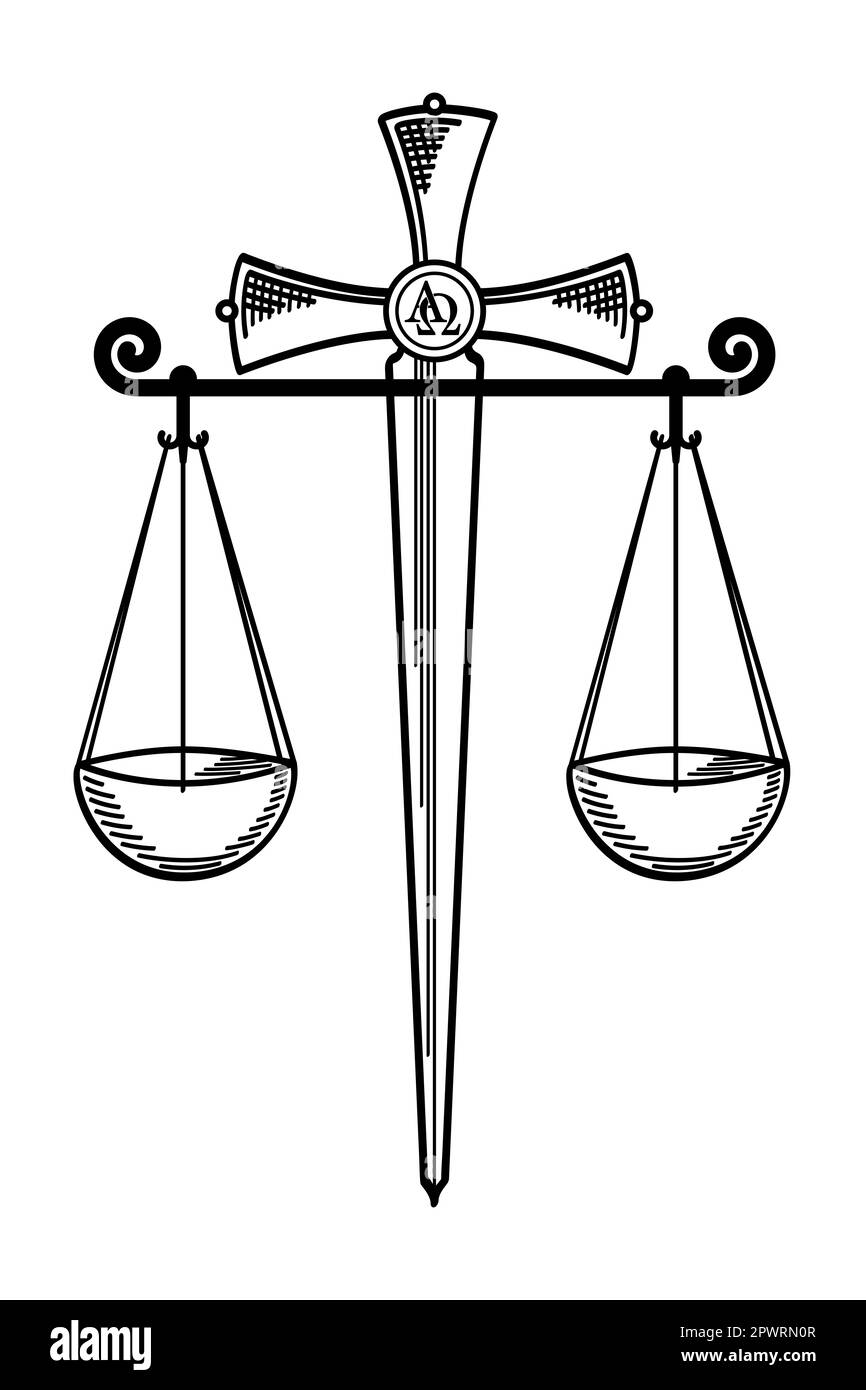Ein Zeichen für Schwert und Waagen, aus dem zwei Bedeutungen herausgenommen werden können. Das erste ist Gerechtigkeit und Urteilsvermögen, das zweite ist Wahrheit. Stockfoto