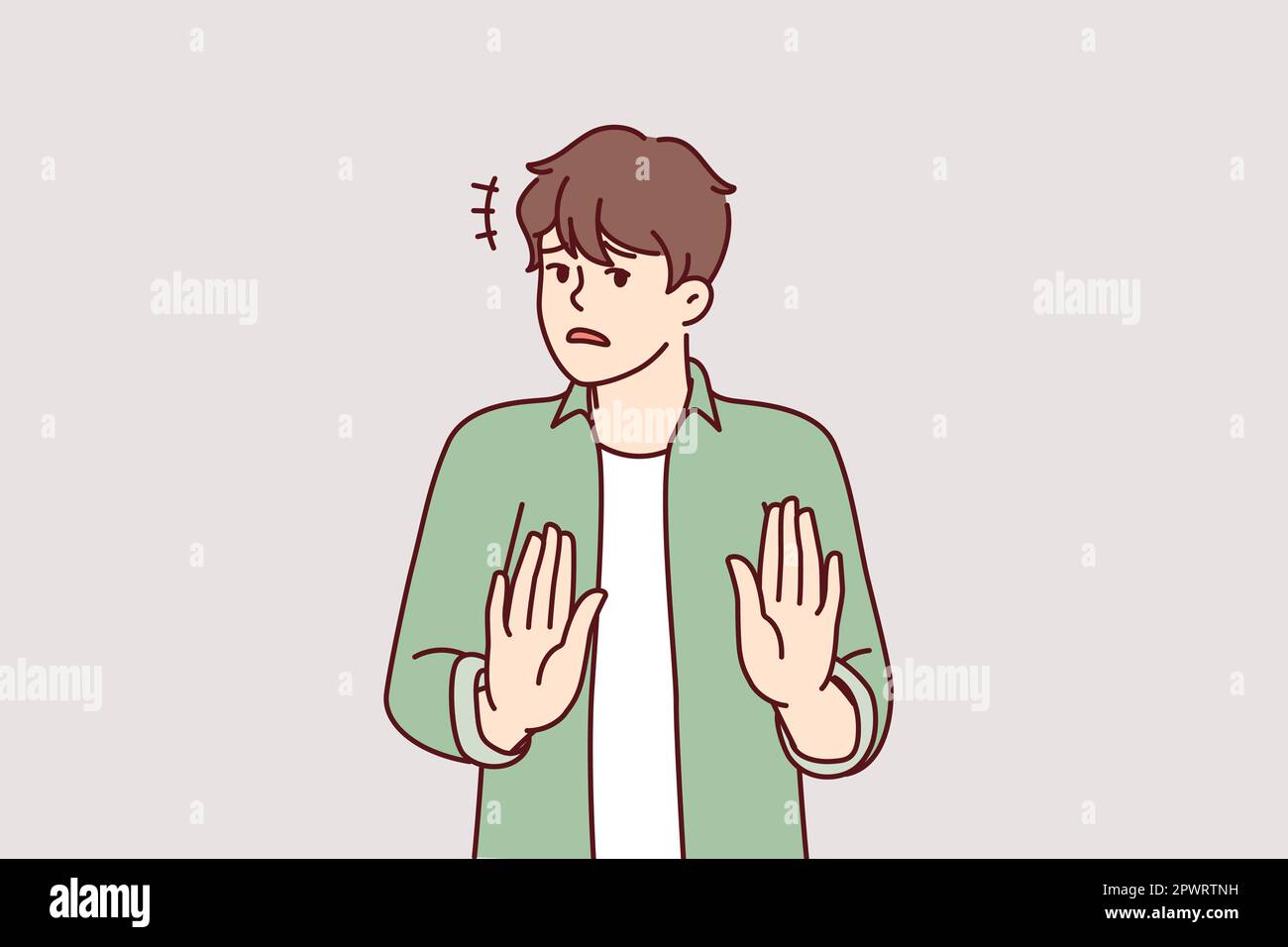 Ein verwirrter Mann streckt sich die Hände aus und zeigt Handflächenrufe, politisch inkorrekte Handlungen zu stoppen oder zu stoppen. Peinlicher junger Kerl ruft an, um die Verbreitung von harmlosem Zeug zu stoppen Stockfoto