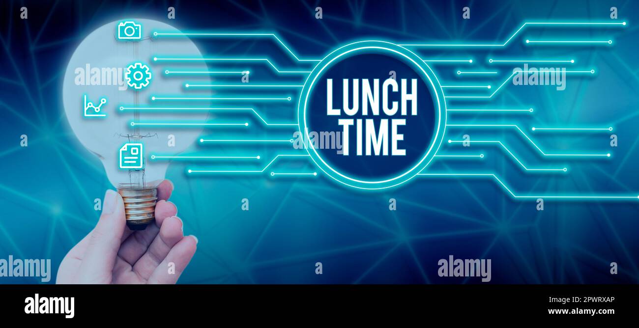 Inspiration mit Schild Lunch Time, Wort für Mahlzeit in der Mitte des Tages nach dem Frühstück und vor dem Abendessen Stockfoto
