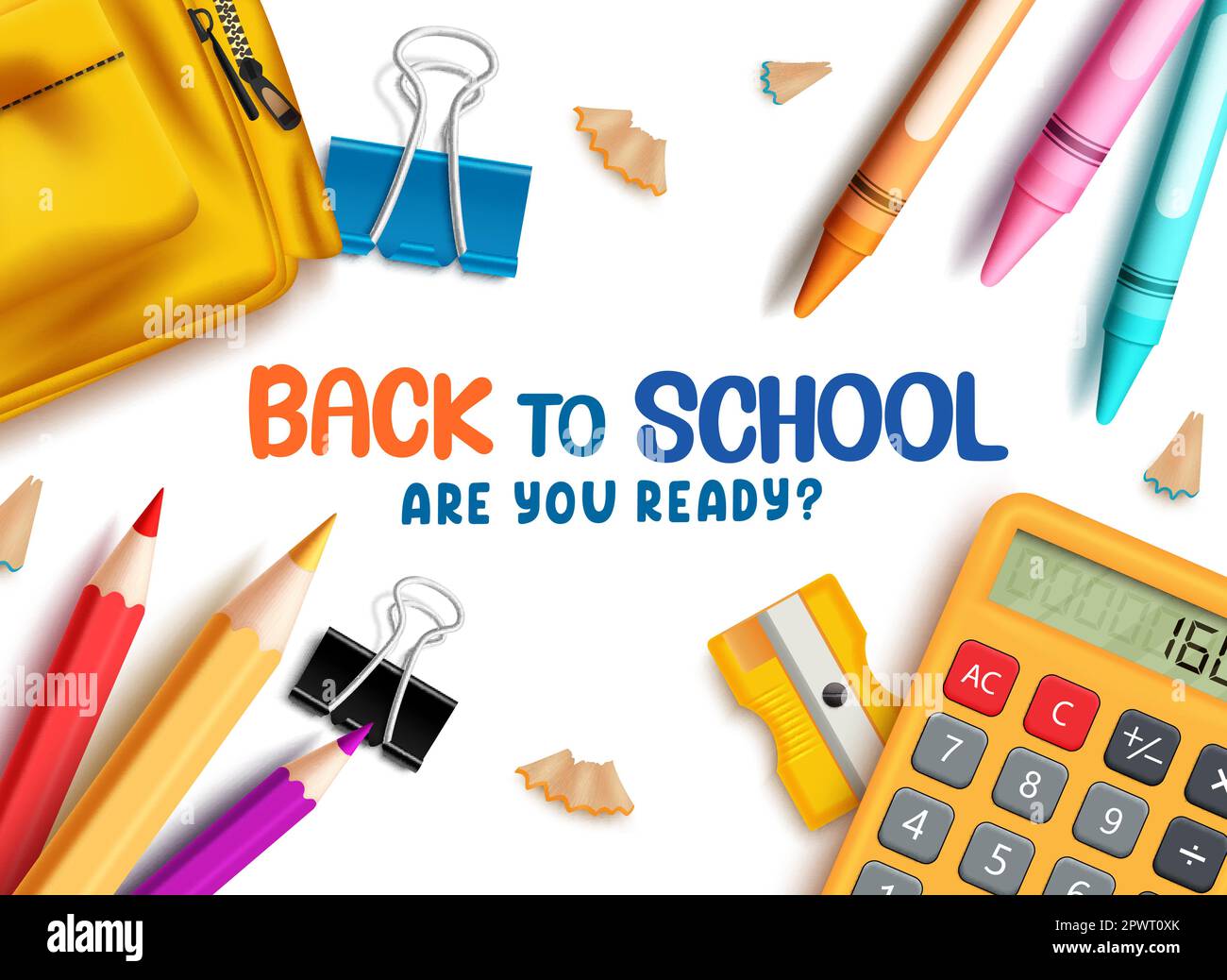 Back-to-School-Vektorhintergrund-Design. Back to School are you ready Text with Educational Materials wie Buntstift, Farbstift und Taschenrechner Elemente Stock Vektor