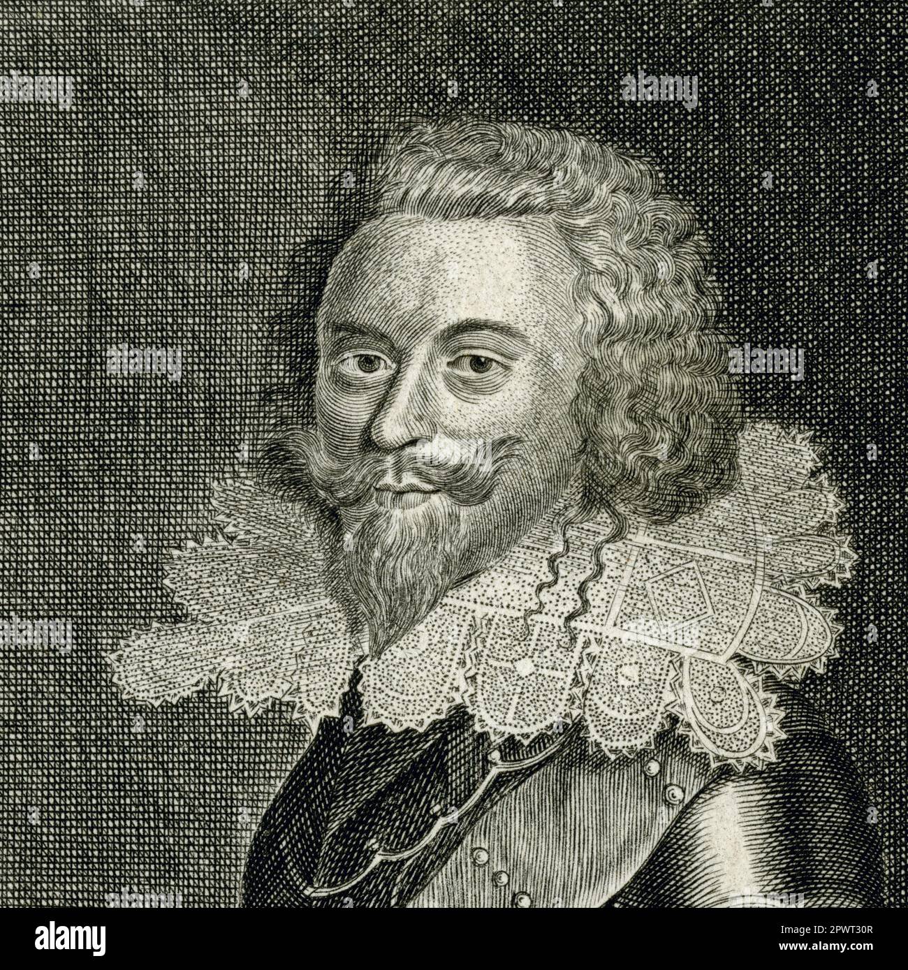 George Villiers, 1. Duke of Buckingham (1592-1628), gilt als „der attraktivste Mann in ganz England“, ein Favorit von König James I. von England und VI. Von Schottland und seines Sohnes, König Charles I. Quadratische Gravur, die in den 1700er Jahren nach einem Porträt von Cornelius Johnson (1593-1661) erstellt wurde. Stockfoto