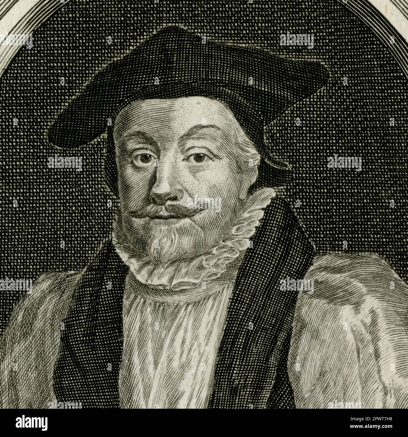 William Laud, 1633 zum Erzbischof von Canterbury ernannt, im Vorfeld der englischen Bürgerkriege. Laud, der die politische und religiöse Politik von König Karl I. unterstützte, wurde 1645 vom Parlament gekidnappt und inhaftiert und enthauptet. Quadratisches Detail einer Gravur, die in den 1700er Jahren von George Vertue (1683 - 1756) nach einem Porträt von Sir Anthony van Dyck (1599 - 1641) erstellt wurde. Stockfoto