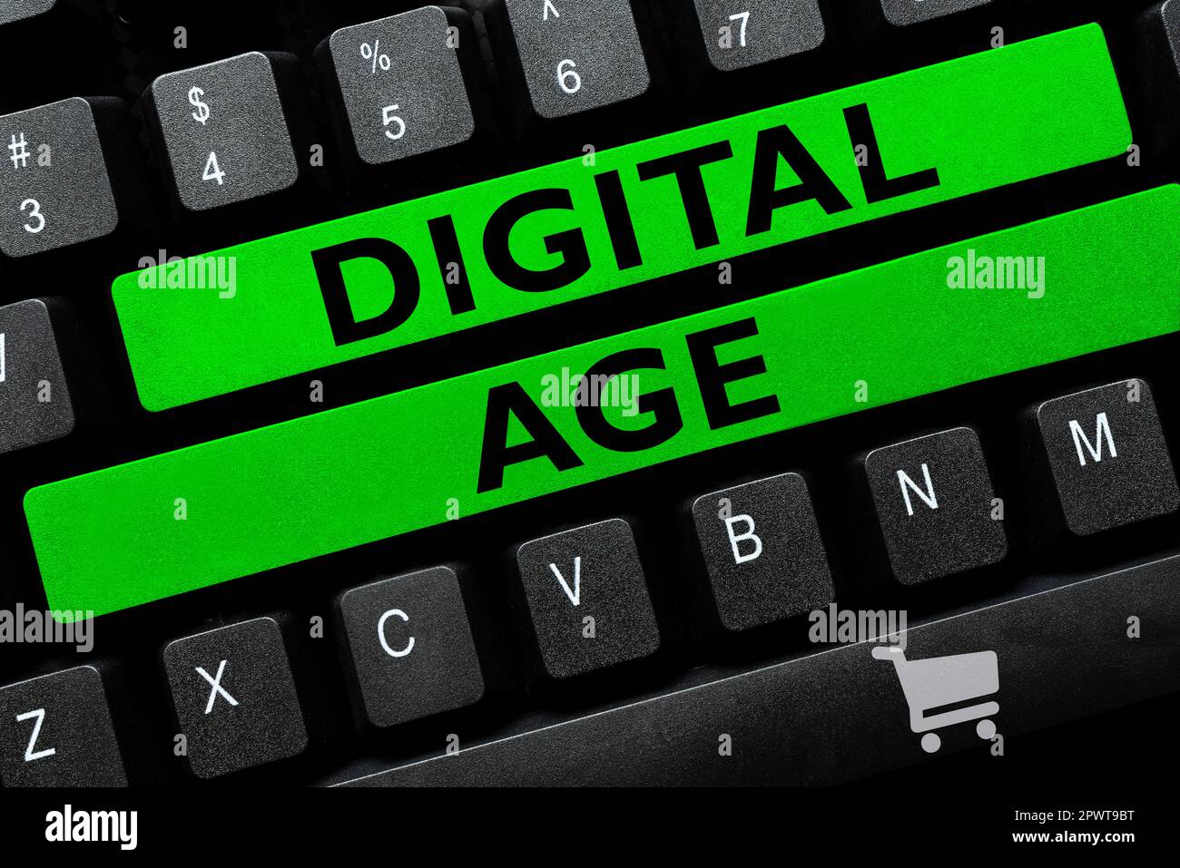 Textunterschrift Darstellung des digitalen Zeitalters, Internetkonzept Einführung des PCs mit nachfolgender Technik Stockfoto