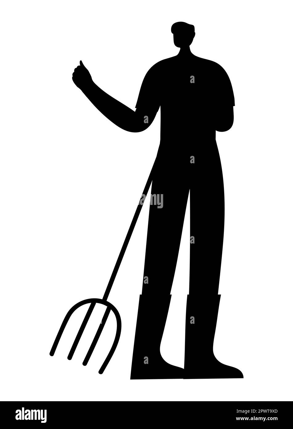 Schwarze Silhouette eines animierten Gärtners mit Bodenrechen, Landwirtschaftsarbeiten, Gartenarbeit Stock Vektor