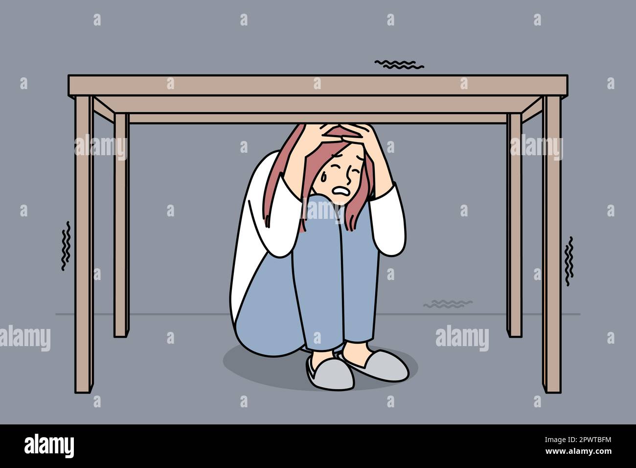 Unglückliche Frau hat Angst und versteckt sich unter dem Tisch. Gestresste  weibliche Schreie leiden unter Angst und Panikattacke. Vektordarstellung  Stockfotografie - Alamy
