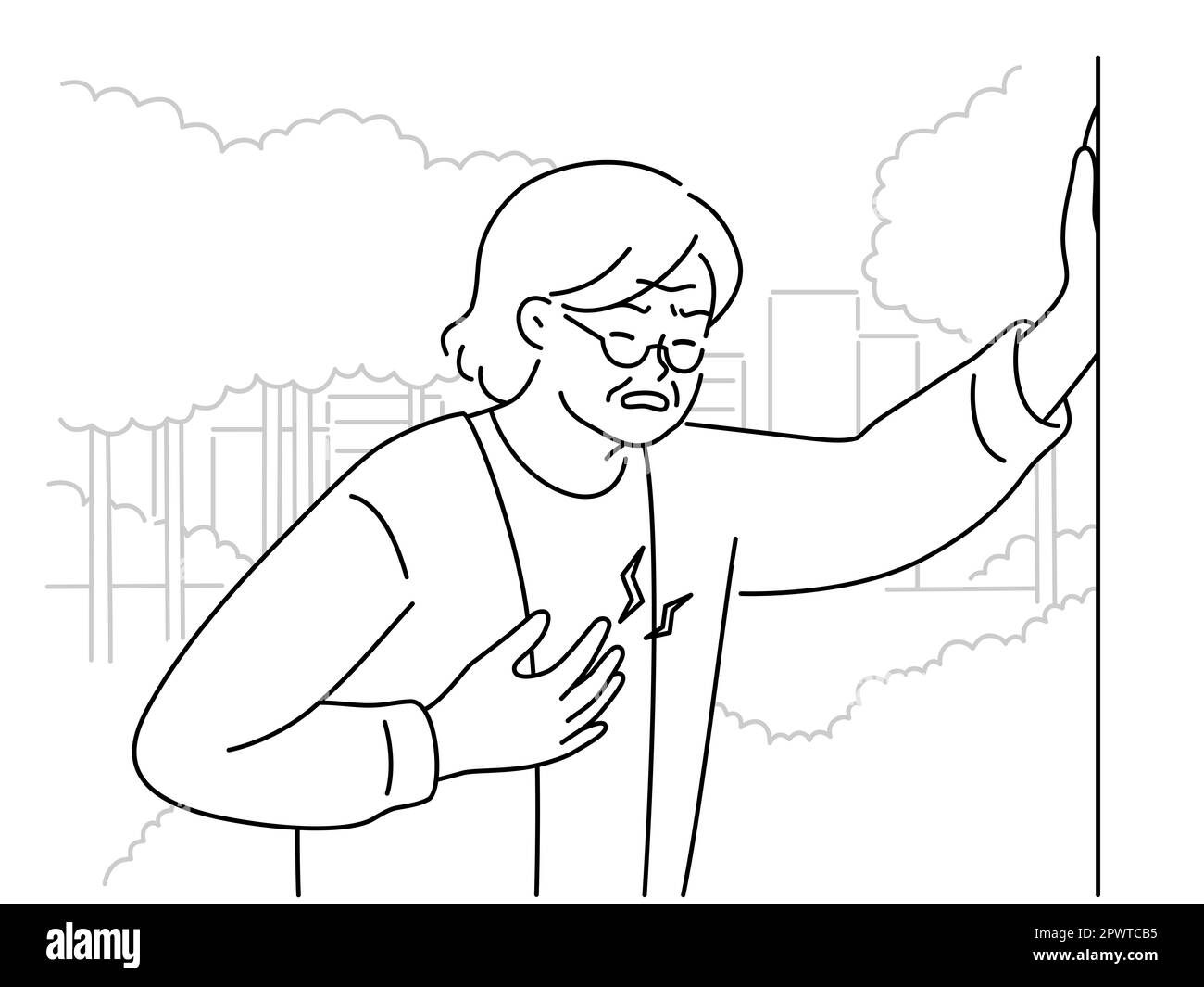 Ungesunde, reife Frau, die die Brust berührt, leiden an einem Herzinfarkt. Unwohlsein der Großmutter mit Herz-Kreislauf-Erkrankungen. Vektordarstellung. Stockfoto