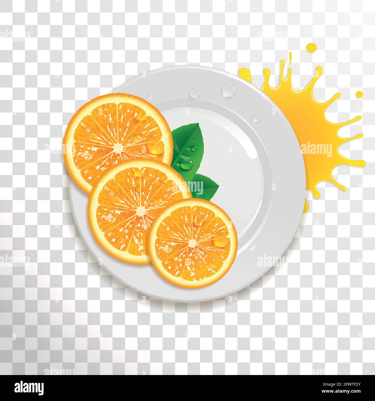 Saftige Orangenscheiben auf einer weißen Platte auf transparentem Hintergrund Stock Vektor