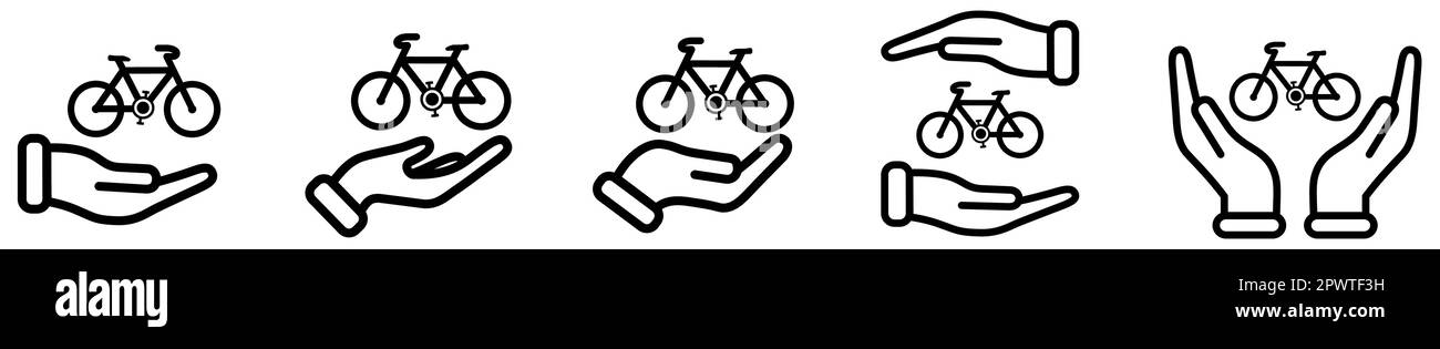 Fahrradsymbol über und in den Händen – Schild „Geben, halten oder schützen Sie das Fahrrad“ Stock Vektor
