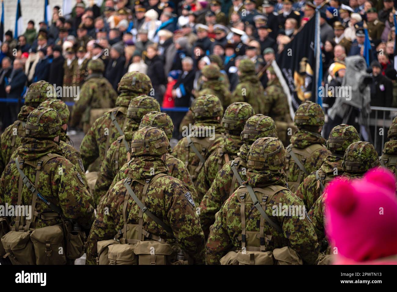 Angehörige der Streitkräfte in Kampfuniformen marschierten während der Unabhängigkeitsfeier in Estland auf die Zivilbevölkerung zu. Stockfoto