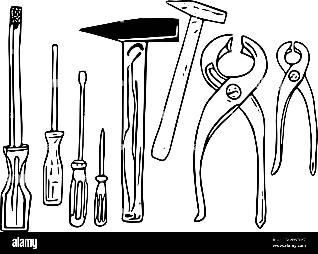 Werkzeuge für das Handwerk. Ein Satz mit Schraubendreher, Zange und Hammer. Konturen werden als Vektor vor transparentem Hintergrund gezeichnet. Stock Vektor