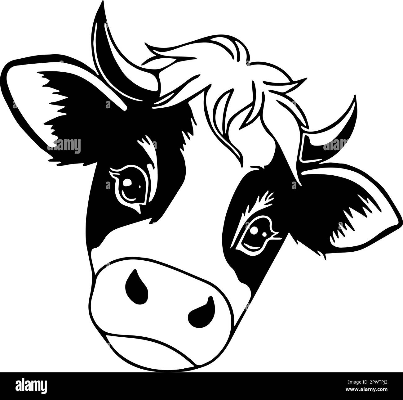 Süße junge Kuh mit schwarzen Flecken Symbol. Vektor der Konturen vor transparentem Hintergrund. Stock Vektor