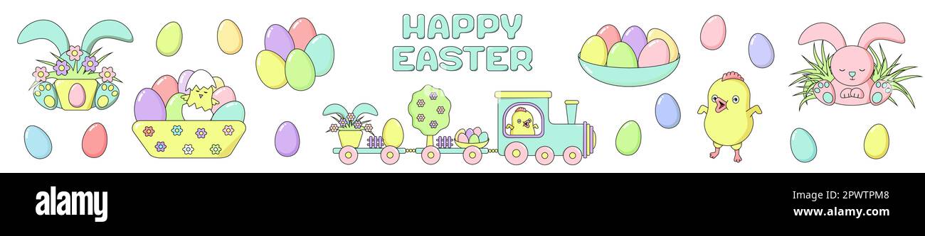 Set aus Happy Easter Designelementen - bemalte Eier, Hühnchen, Kaninchen, Zug, Blume, Gras mit Schild. Rohvektordarstellung im flachen Cartoon-Stil Stock Vektor